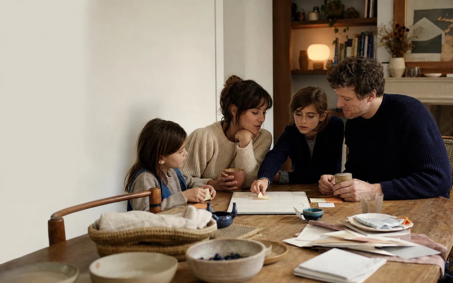 A family gathered at their kitchen table, planning the week together
