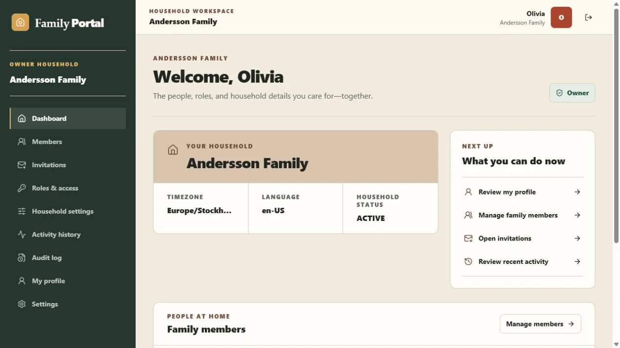 Family Portal household dashboard showing household details, next actions, and family members